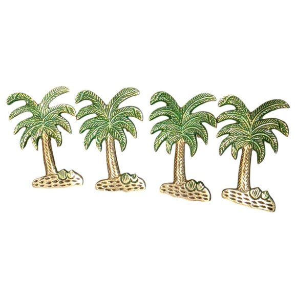 4 Napkin Rings Brass Palm Tree Green Enamel Tropical Jungle - Picture 1 of 5